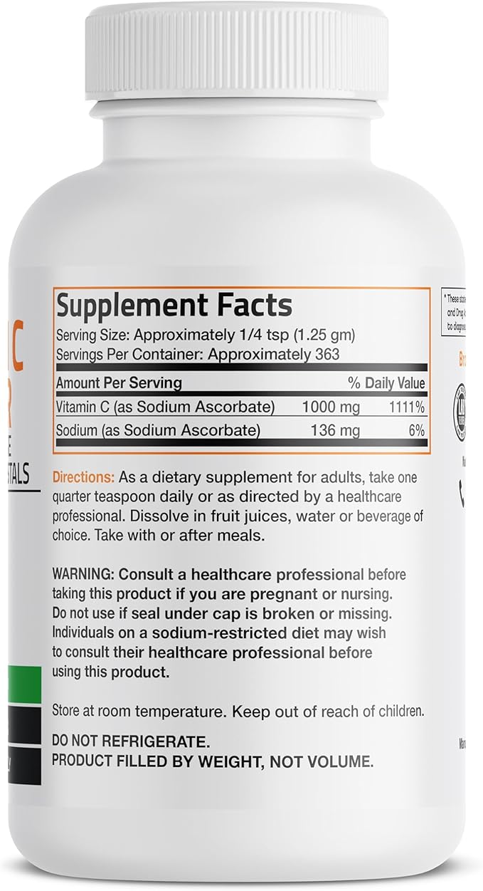 Non Acidic Vitamin C Powder Sodium Ascorbate Non GMO Soluble Fine Crystals - Healthy Immune System, Antioxidant and Cell Protection - 1 Pound (16 Oz, 454 Grams)