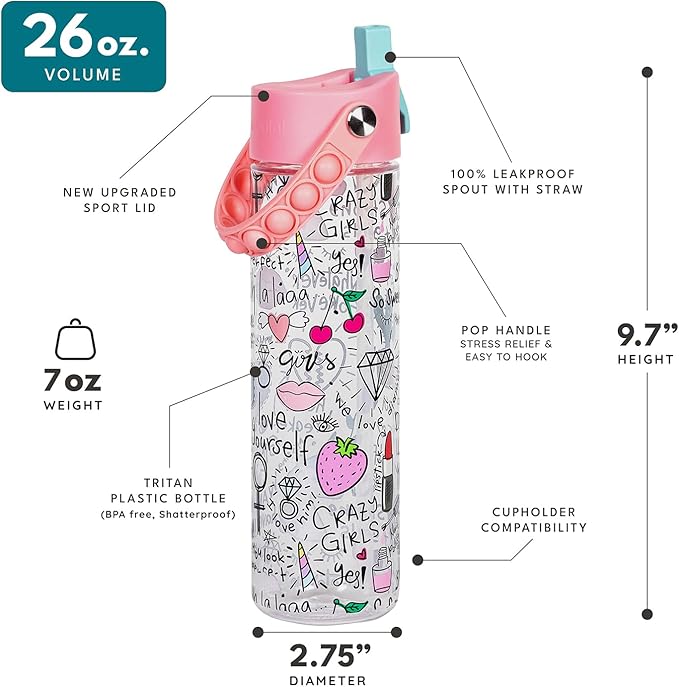 Elemental Splash Water Bottle with Straw - BPA-Free Tritan Plastic Reusable Water Bottle with Pop It Strap - Ideal for Travel, Gym and Sports - Leak Proof when Spout is Closed - 26oz - Girl Power