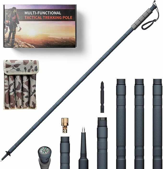 GoldPig 48" Modular Aluminum Tactical Hiking Stick – 6-Piece Walking Stick with Compass, Screwdriver & Whistle, Tungsten T...