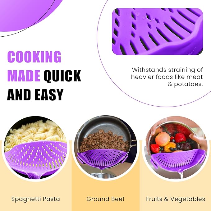 Clip On Kitchen Food Strainer for Spaghetti, Meat, Pasta, & Ground Beef Grease, Colander & Sieve Snaps or Clips Onto Bowls, Pots & Pans Includes Silicone Drainer, Brush & Garlic Peeler (Purple)