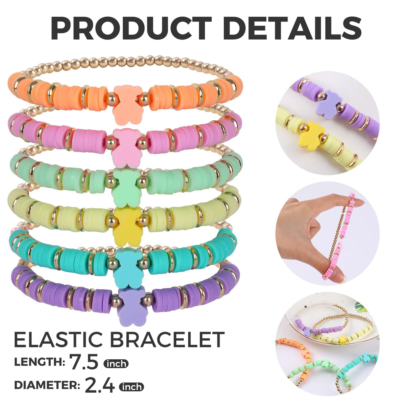 Candy Color Beaded Bracelets for Women - Cute Stackable Clay Bear Friendship Bracelet Set - Colorful Elastic Heishi Surfer Prepp