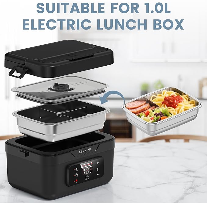 Stainless Steel Food Containers - 1.0L 304 Stainless Steel Containers with Lids for Electric Lunch Box, Removable T-Shaped Partition, Dishwasher Safe