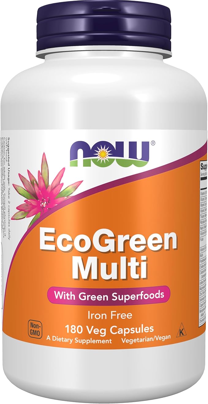 NOW Supplements, EcoGreen Multi Vitamin with Green Superfoods, Iron-Free 180 Veg Capsules