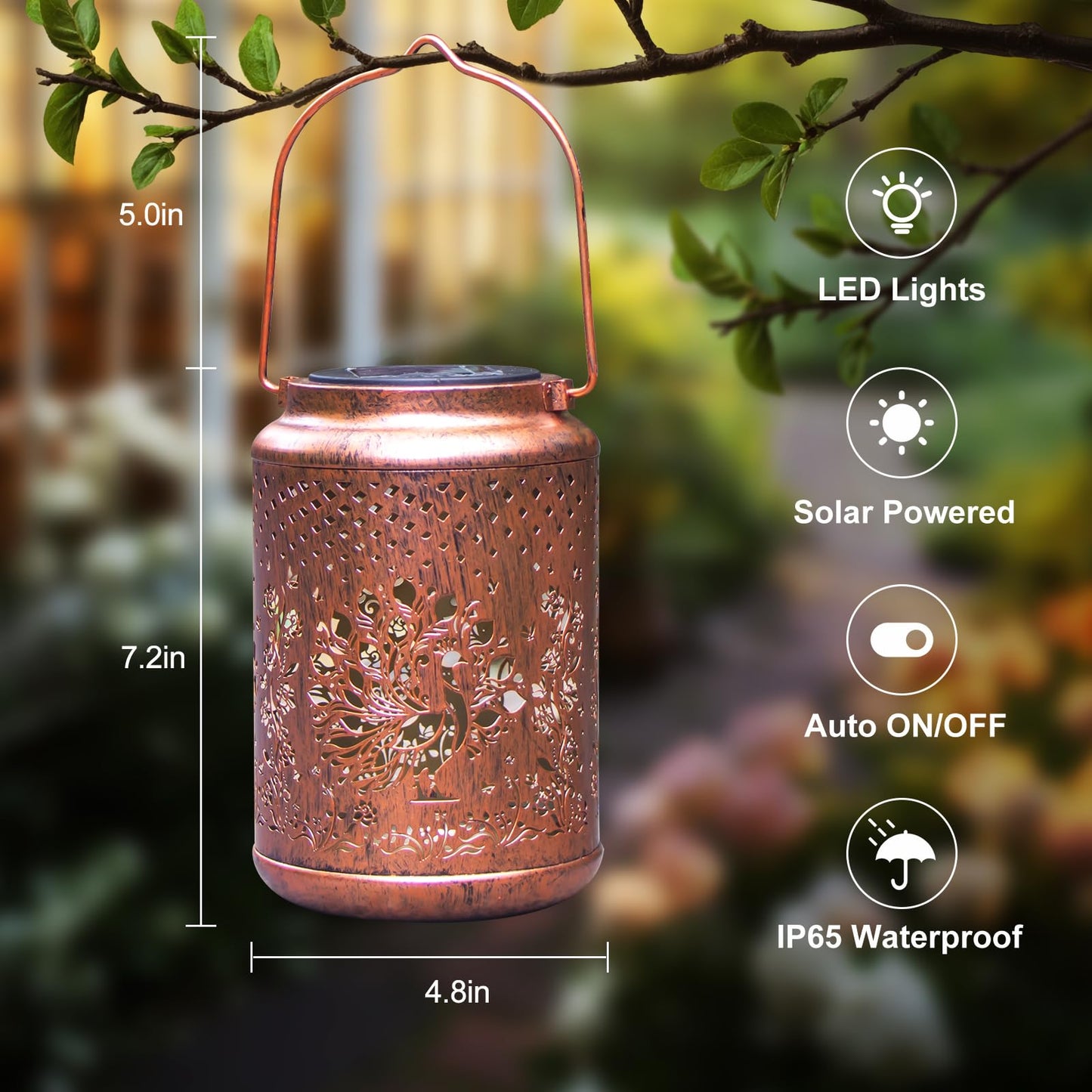 YISITEONE Peacock Solar Lanterns 4 Pack, Waterproof Metal Hanging Lights for Garden, Brown, Model ES04250700009