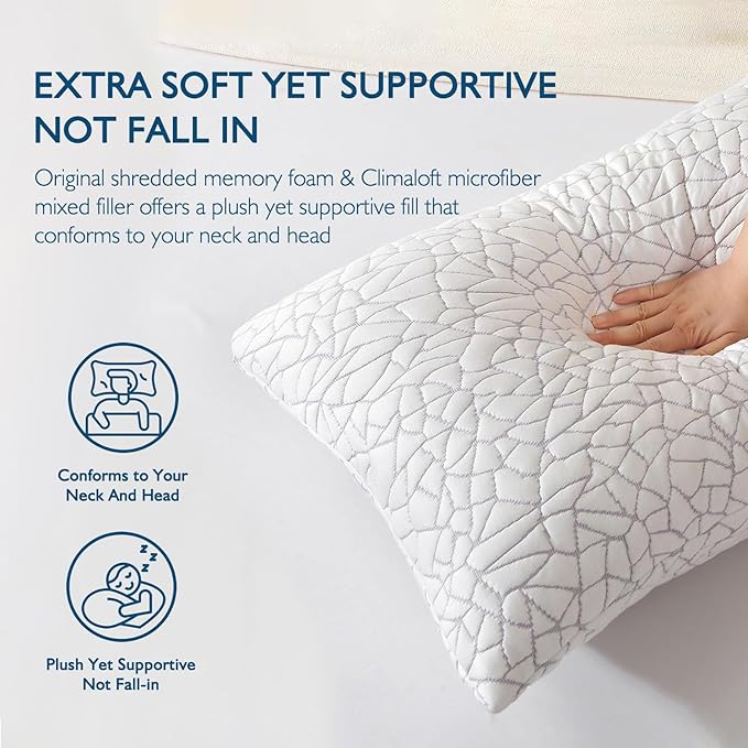 Dafinner Adjustable Shredded Memory Foam Pillows Standard/Queen Size - 100% Removable Cover from Bamboo Derived Rayon, Cooling Medium Bed Pillows for Side Stomach & Back Sleepers - Pack of 2, 20"x28"