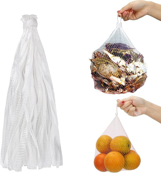 100 Pack Mesh Bags for Vegetables, Seafood Boil Bags with Loop-Style Closures, Reusable Produce Bags for Crawfish Boil Crab Boil Garden Trellis Fruit Hammock Onion Storage, 19.7 inch White