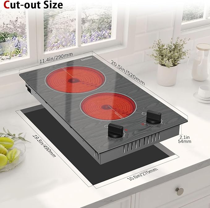 Karinear Electric Cooktop 2 Burners, 110v Portable Electri Stove Top with Knob, Glass Cooktop, Beautiful Woodgrain Pattern, Built-in and Countertop Electric Ceramic Cooktops, 12 Inch, 110v Outlet Plug