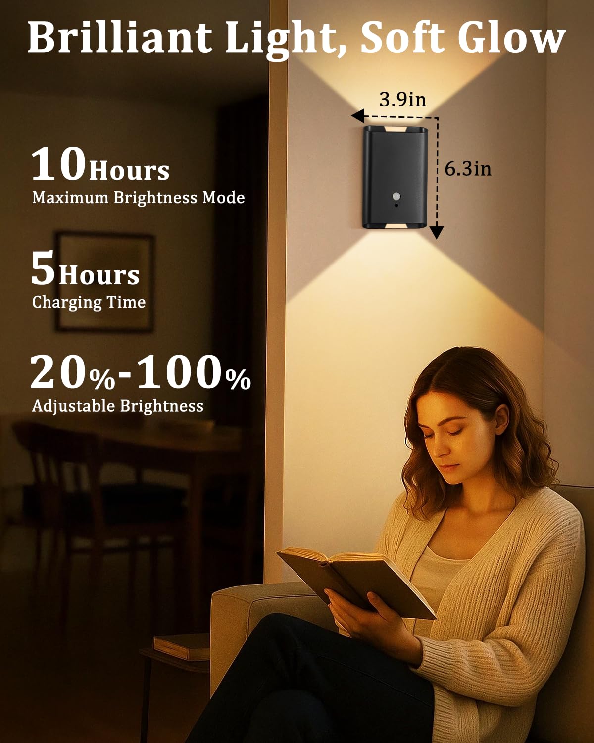 Fizrice Motion Sensor Wall Light - Remote Control, 6000mAh Rechargeable, Brightness Adjustable, 3 Color Temp, Black, 2pcs, Model CDB-WL-BLK