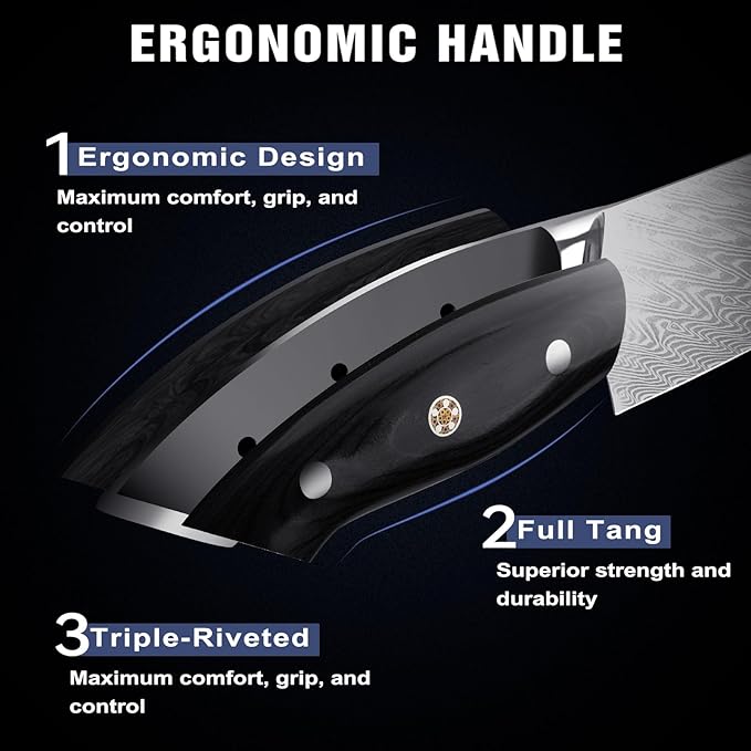 High Carbon Stainless Steel 8" Japanese Chef Knife, VG10 Steel Damascus Kitchen Knife, Professional Black Forged Kitchen Knives with Ergonomic Handle