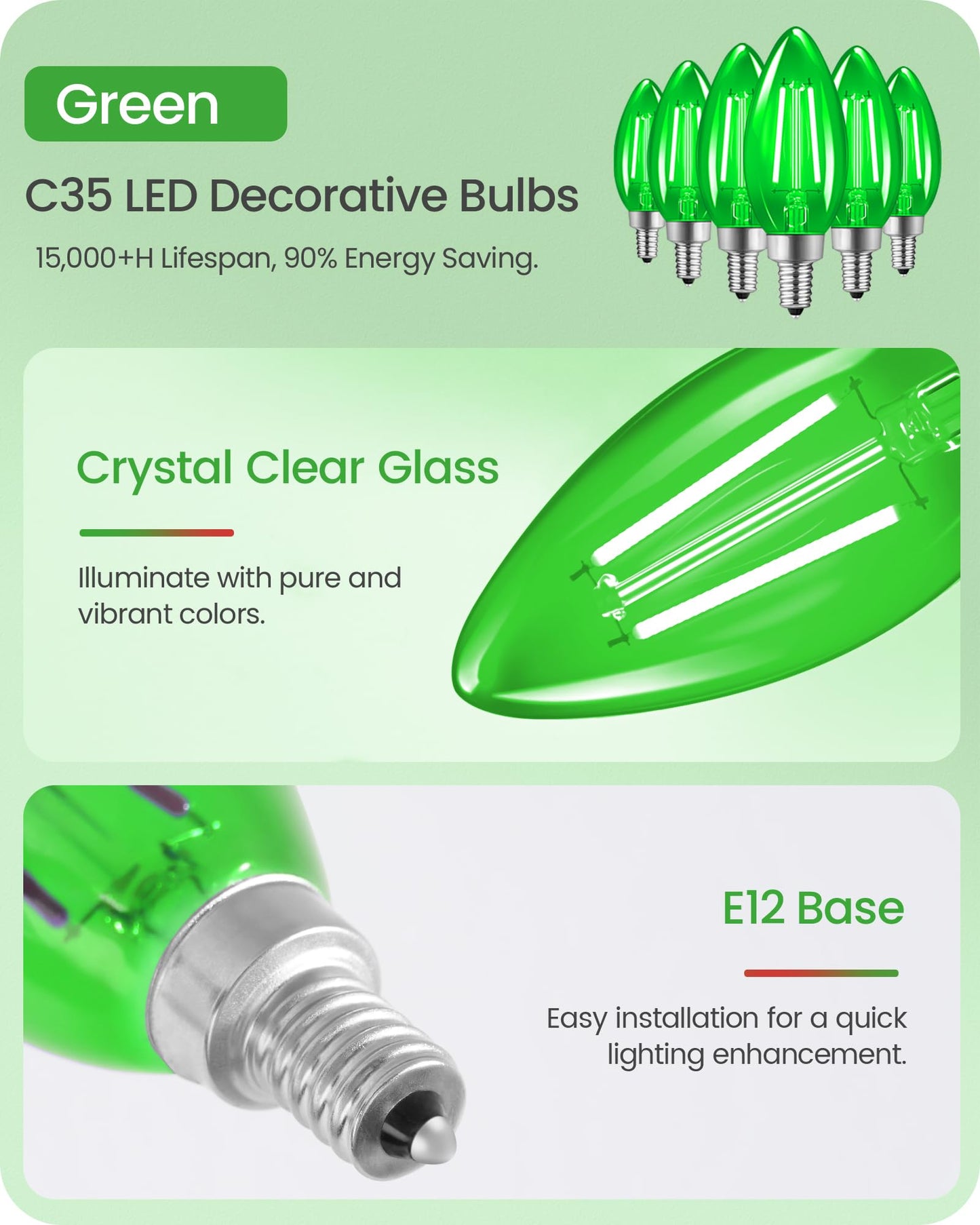 Goebleson Green E12 Led Light Bulbs  C35 5W (60W Equivalent) Glass Dimmable Chandelier Bulbs  Decorative Lighting For Christmas  Halloween  Party  Holiday Decoration  6 Pack J2C3P605