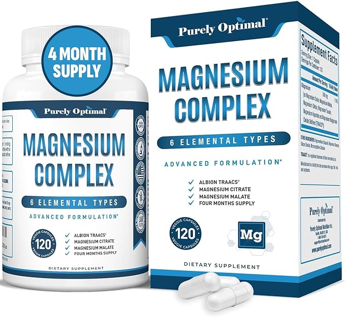 Purely Optimal Magnesium Complex - 6 Forms Magnesium Glycinate, Citrate & Malate - Sleep Support, Stress Relief, Muscles, ...