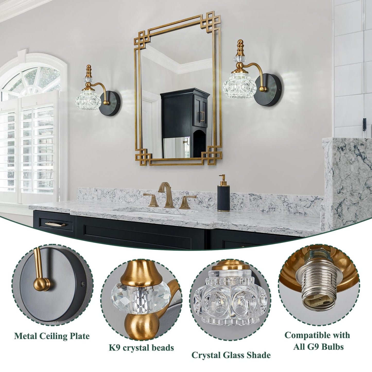 Lbsqj Modern Wall Sconces Set Of Two Black Gold Vintage Indoor Glass Wall Lamp Bathroom Vanity Light Fixture Wall Mounted Room Sconce Wall Lighting