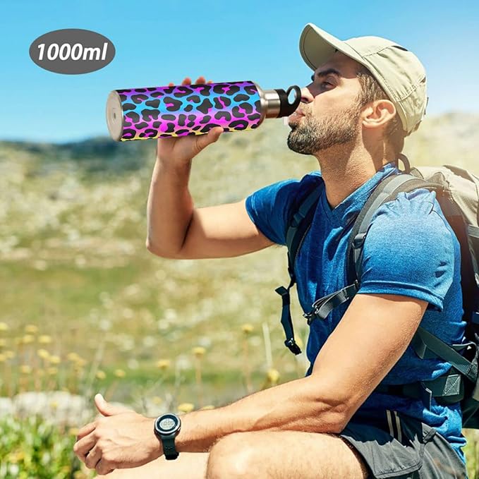 senya 34 Oz Water Bottle with Straw Leopard Print Cheetah Neon Gradient Stainless Steel Water Bottle for Traveling Sports Leakproof Insulated Water Bottle