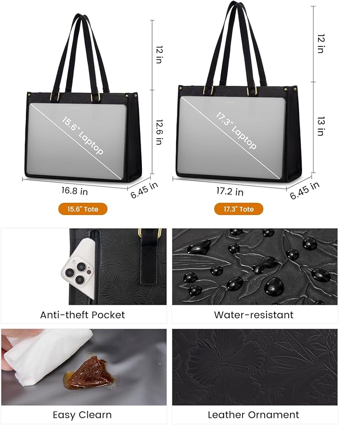 LOVEVOOK Lunch Tote Bag for Women, 15.6 Inch Laptop Bag with Insulated Lunch Compartment, Quilted Large Capacity Computer Handbag with Purse for Business, Work, Collage, Office, Casual, Jet Black