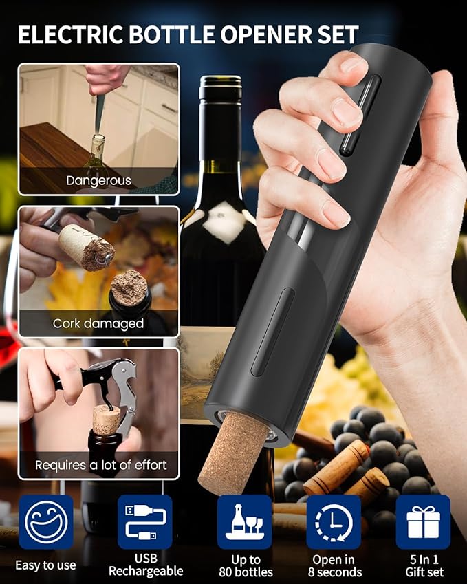 CIRCLE JOY Electric Wine Bottle Opener Set Rechargeable Wine Corkscrew Cordless Wine Opener Gift Set with Charging Base, Foil Cutter, Wine Aerator Pourer and Vacuum Wine Stopper