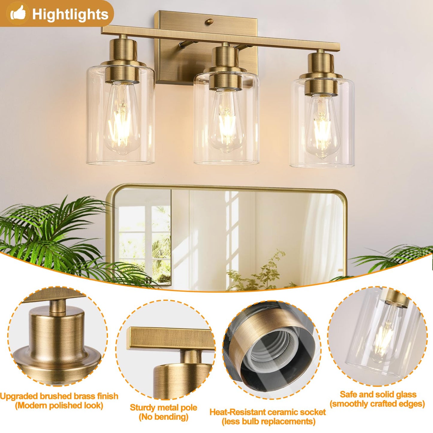 Indoi 3-Light Bathroom Light Fixtures, Brass Vanity Lights with Clear Glass Shades, Model YX-032H