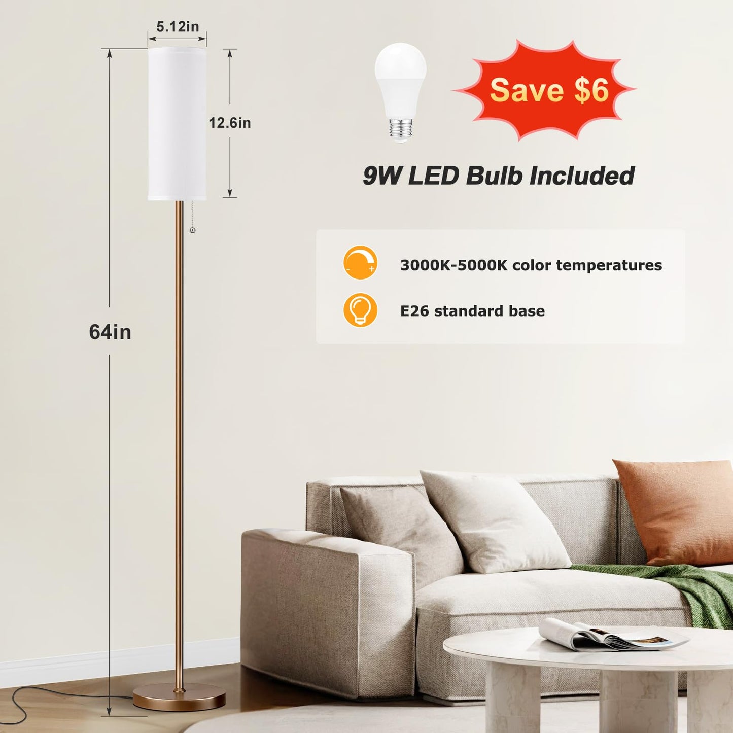 Ambimall Floor Lamp, 64in Tall, Metal, 3 Color Temperatures, White Shade & Brown Pole, Model RPT-ZGB20212