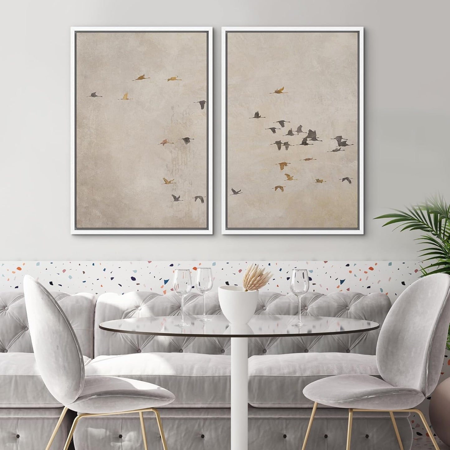 SIGNWIN Framed Canvas Print Wall Art Set Flying Birds Silhouette Minimalist Beige Illustrations Modern Minimal Decorative for Living Room, Bedroom, Office - 24"x36"x2 White