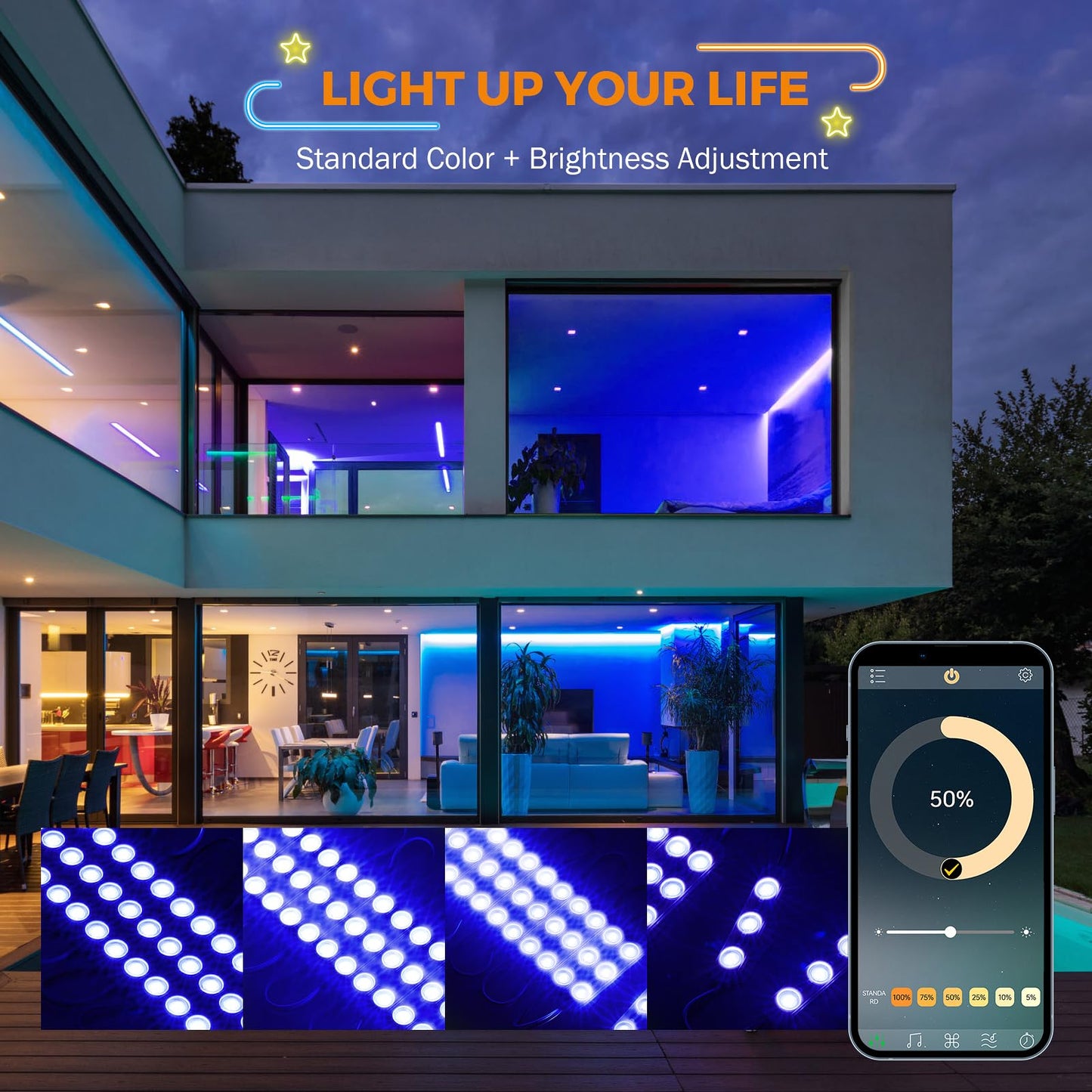 BEAMNOVA 100Ft Blue Storefront Lights Kit, Remote/Bluetooth Control, Dimmable, AC 120V to DC 12V, Model BI00LTK6982-0