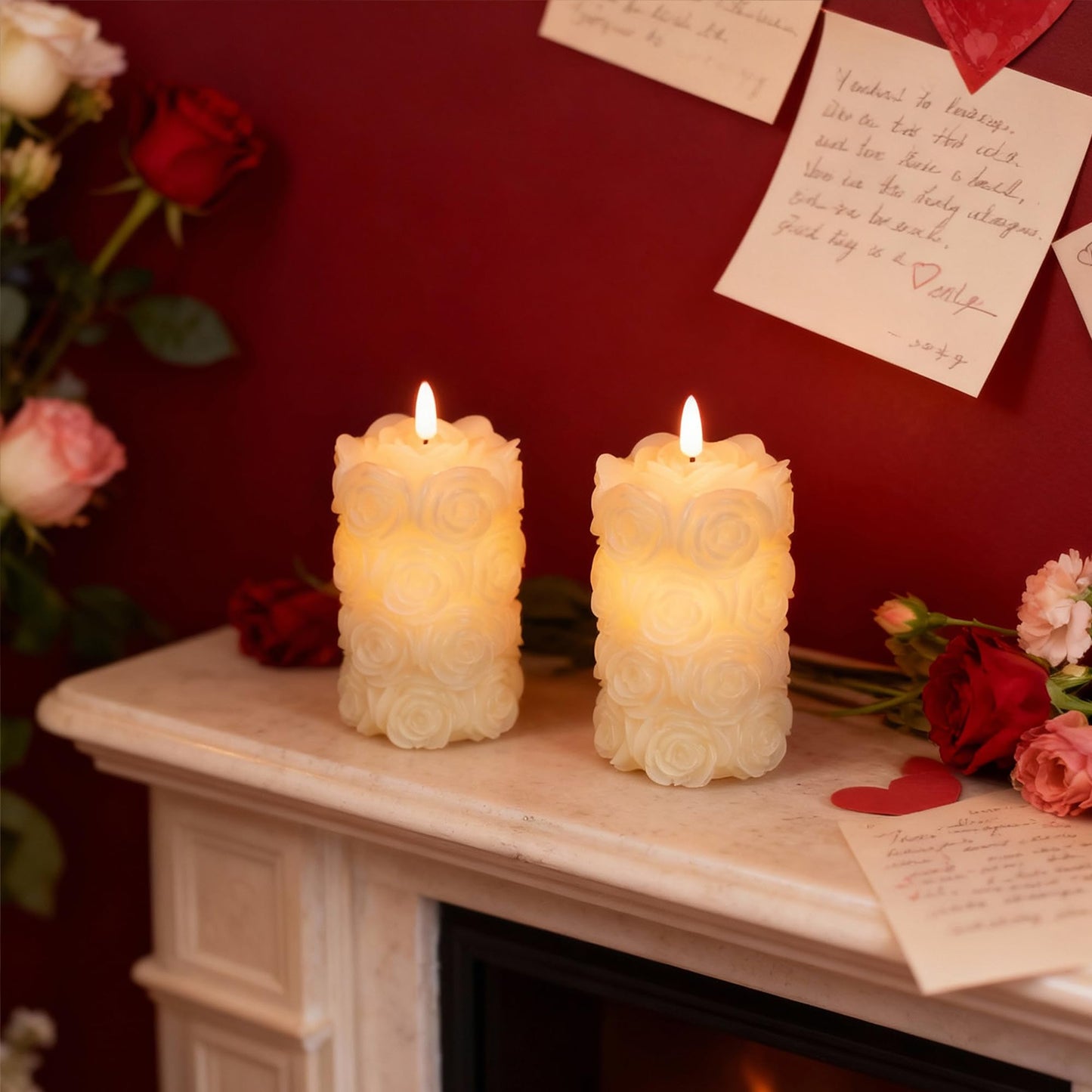 LUSHARBOR Rose Flameless Candles with Remote, Battery Operated Candles Rose Flower for Valentine's Day LED Pillar Candles Battery Powered for Mother’s Day & Weddings, Set of 2 Ivory