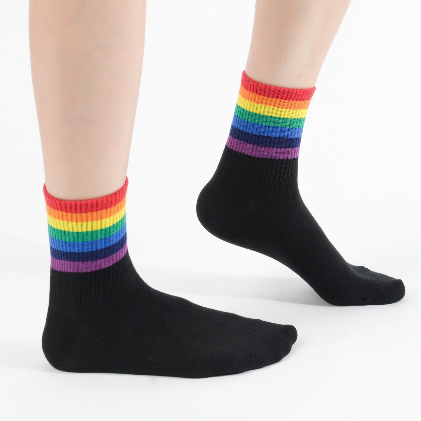 kikiya socks Women Pattern Crew | 6 Pairs Black White Rainbow Tube Pride Color Striped Print Mid Calf Design Daily Trouser Boot Cotton Socks | Womens Ladies Girls Gift | Rainbow Tube