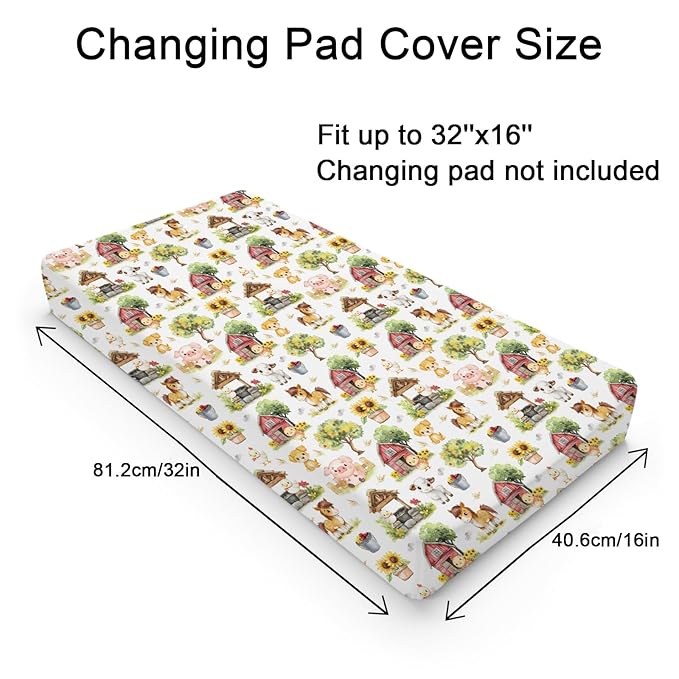 Cute Farm Animals Baby Changing Pad Covers for Boy Girl 32''x16'' Farm Chicken Lamb Pig Dog Horse Barn Sunflower Fitted Diaper Changing Table Sheets Spring Farm Life Soft Breathable Change Table Mats