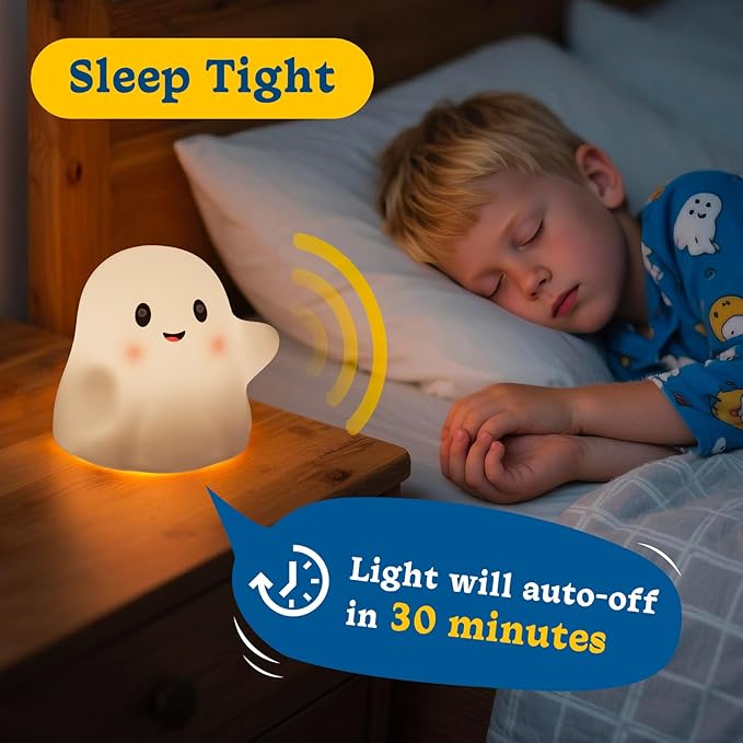 Ghost Night Light for Kids, Rechargeable Cute Night Lights with 1200mAh Battery and 19 Sounds/30 Min-Timer/3 Light Modes, 3000K Silicone Touch LED Night Lamp for Mom Bedroom Christmas Decor