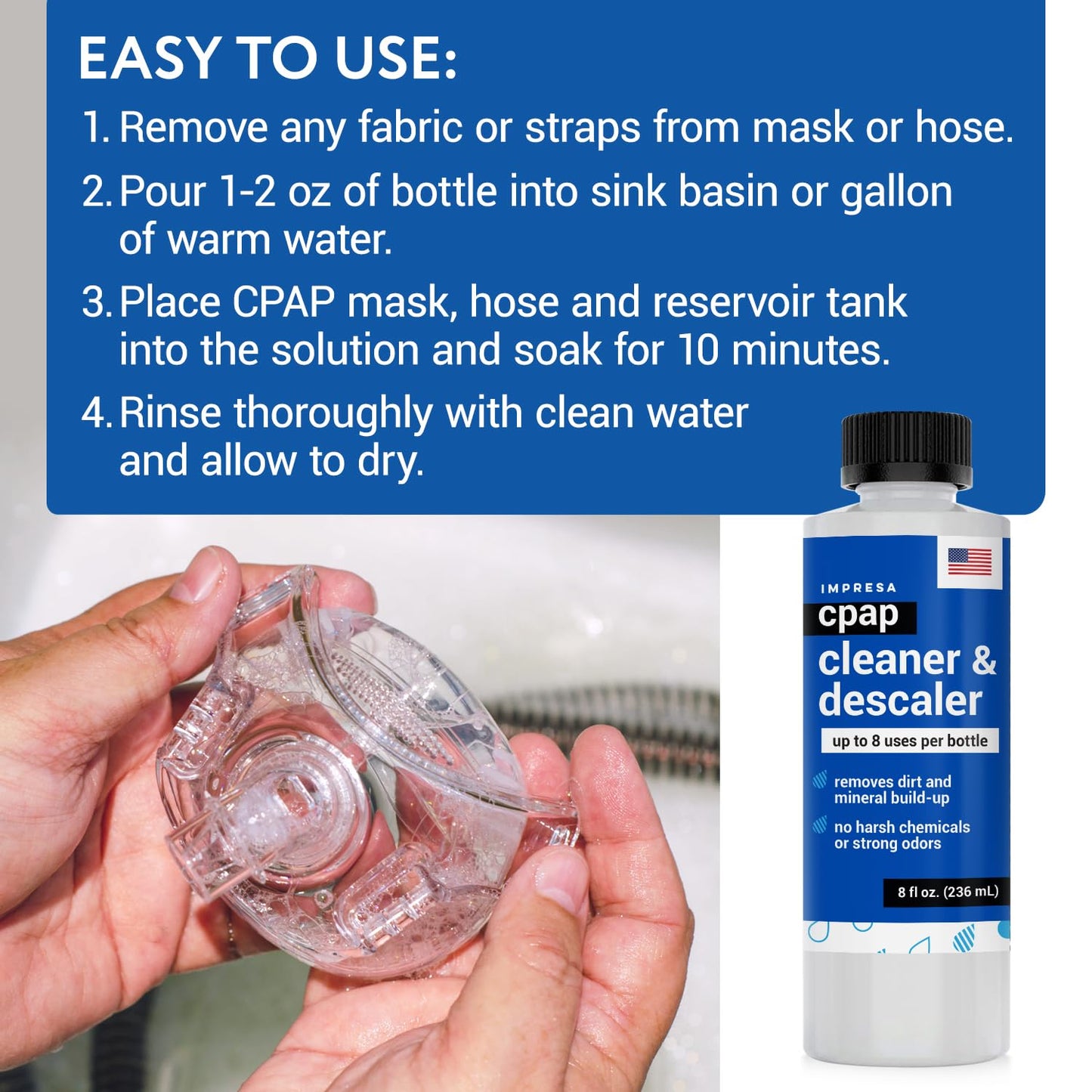IMPRESA CPAP Cleaning Solution - 2-Pack, 8 Fl Oz Bottles - Residue-Free Citric Acid Descaler - Safe Plastic Component & Sleep System Cleaner - Travel-Friendly Pack