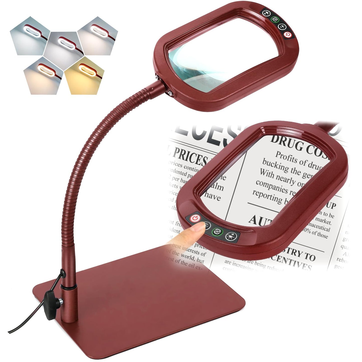 Veemagni 10X Rectangle Magnifying Glass with Light, Flexible Gooseneck Desk Lamp, Red, Model GE602