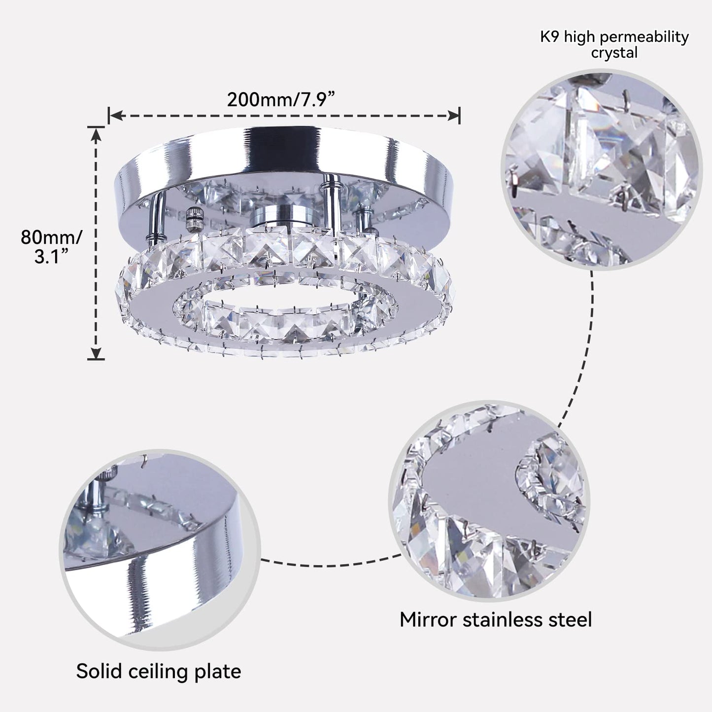 Diisunbihuo Modern Mini Led Chandelier Crystal Ceiling Light For Bedrooms & Dining Rooms, Round White Finish
