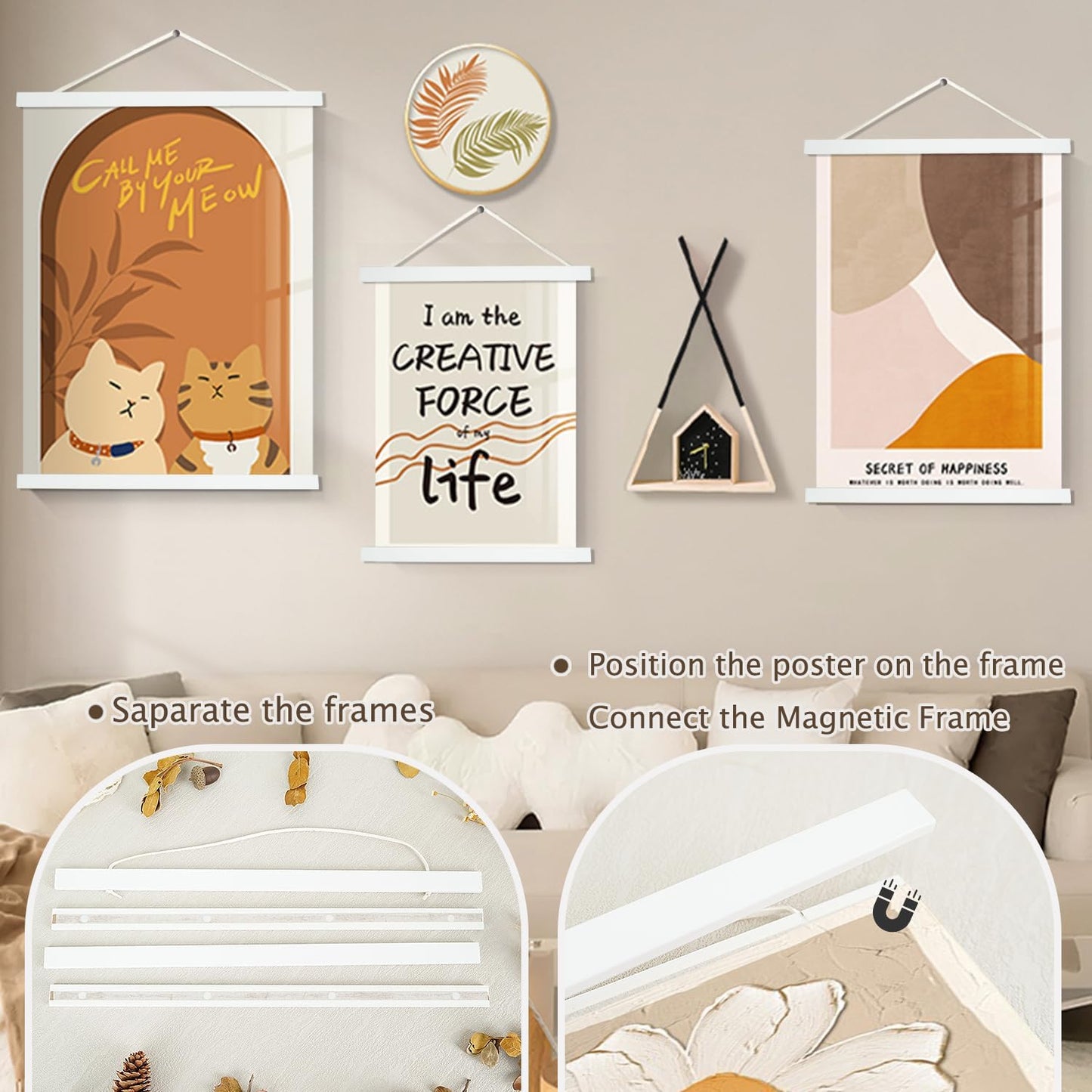 Artmag Magnetic Poster Hanger Frame, 35x25 35x24 35x48 Light Wood Wooden Magnet Canvas Artwork Print Poster Hangers Frames Hanging Kit (White, 35")
