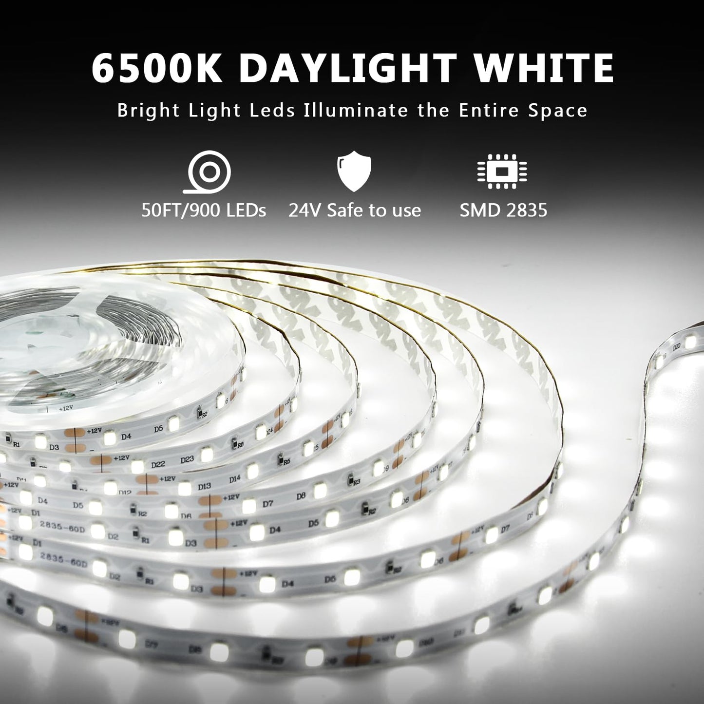 dalattin White LED Strip Lights 50ft 900 LEDs Dimmable 6500K Daylight for Bedroom, Mirror, Kitchen Model KU-WFQA-UHY5