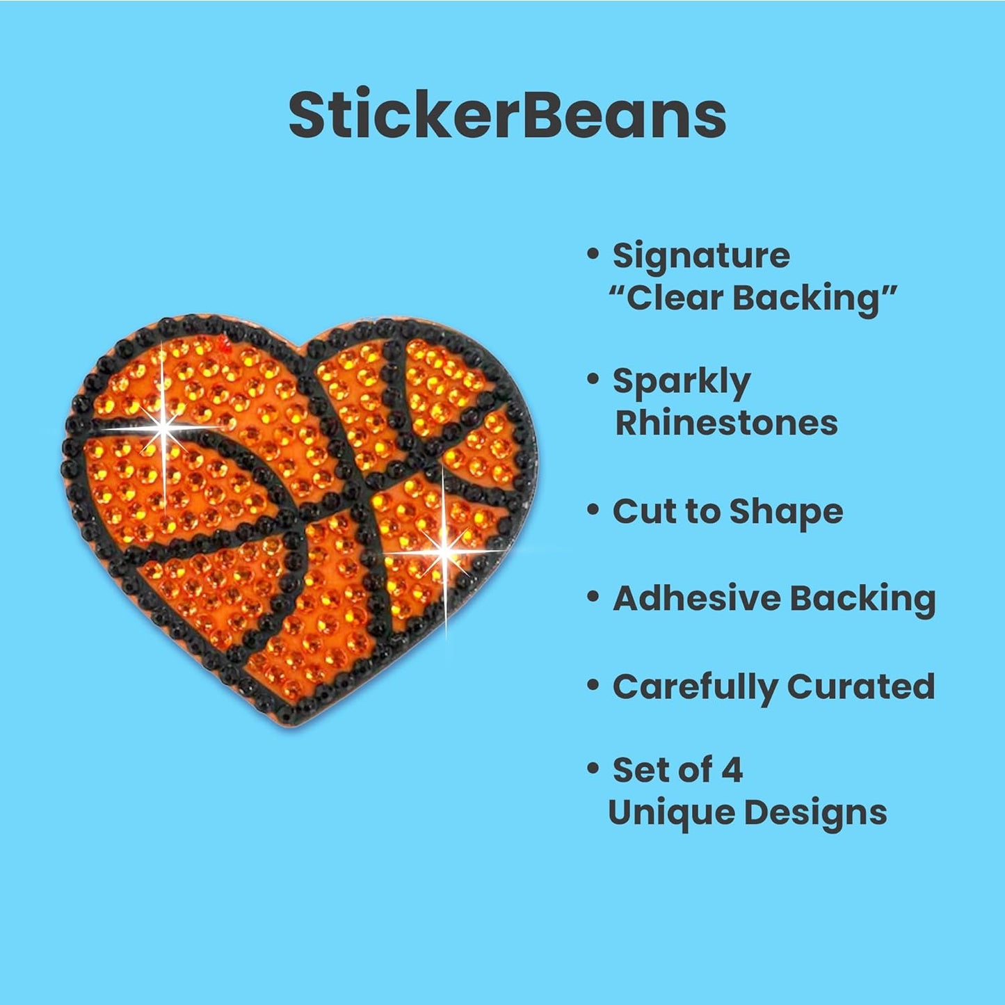 StickerBeans® Rhinestone Stickers - Sporty 4-Pack, 2” x 2” Each, Unique Sparkly Cut-to-Shape for Collecting, Trading, Decorating Laptops, Phone Cases, Scrapbooks - for Kids, Teens, & Adults