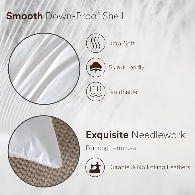 Goose Feather Down Pillow Queen Size, Luxury Soft Feather Pillow for Sleeping, Smooth Down-Proof Fabric, Hotel Collection Bed Pillow Surround Fill Polyester (White, 20"x30")