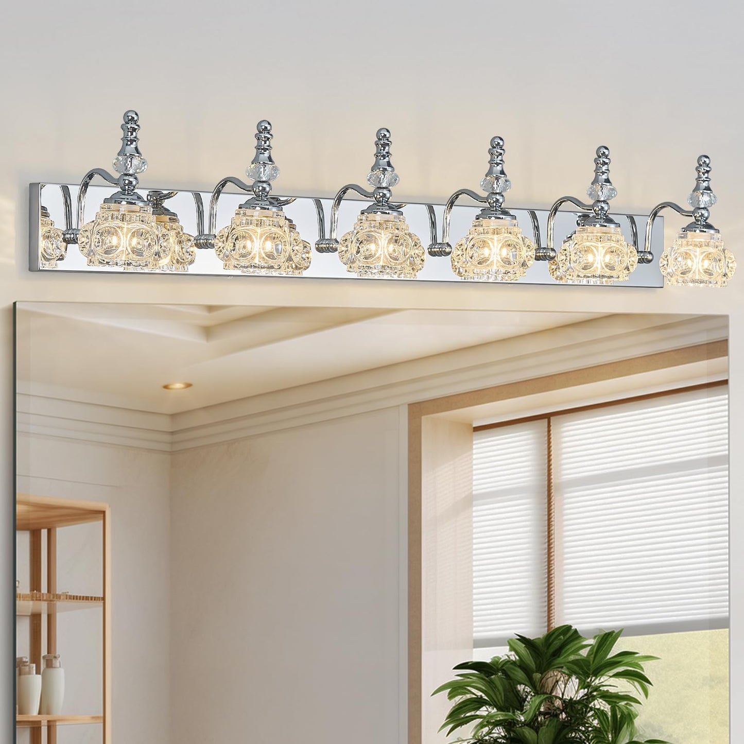 Lbsqj Modern Glass Crystal Vanity Light - Vintage Bathroom Lighting Fixtures Over Mirror  6 Light Vanity Lights G9 Bulb (43.3 Inch  Chrome)