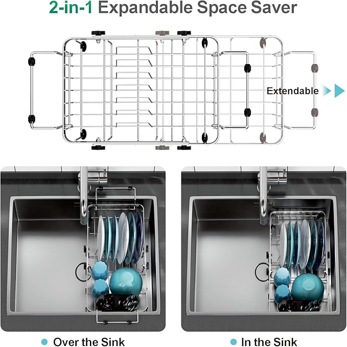 GSlife Small Sink Dish Drying Rack - Stainless Steel Capacity Extendable Narrow Dish Drainer for RV Sink Apartment Kitchen, 11.9"-16.7" L x 9" W x 5.7" H, Silver