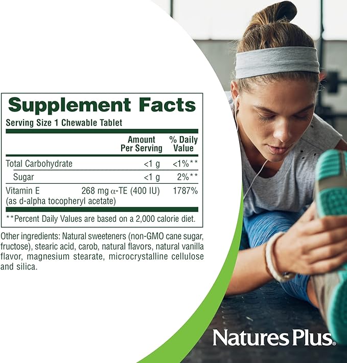 NaturesPlus Vitamin E Chewable - 400 iu, 90 Vegetarian Tablets - Natural Carob Flavor - Healthy Cardiovascular Function, Free-Radical Defense & Overall Wellbeing - Gluten-Free - 90 Servings