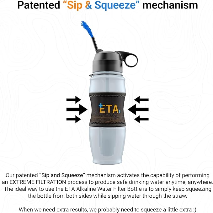 ETA Alkaline Water Filter Bottle for Travel, Camping, Hiking, Backpacking, Emergency, Survival | Removes up to 99.99% of Harmful contaminants, 9.5pH, Protects the Nutrient & Mineral Value, Made in USA