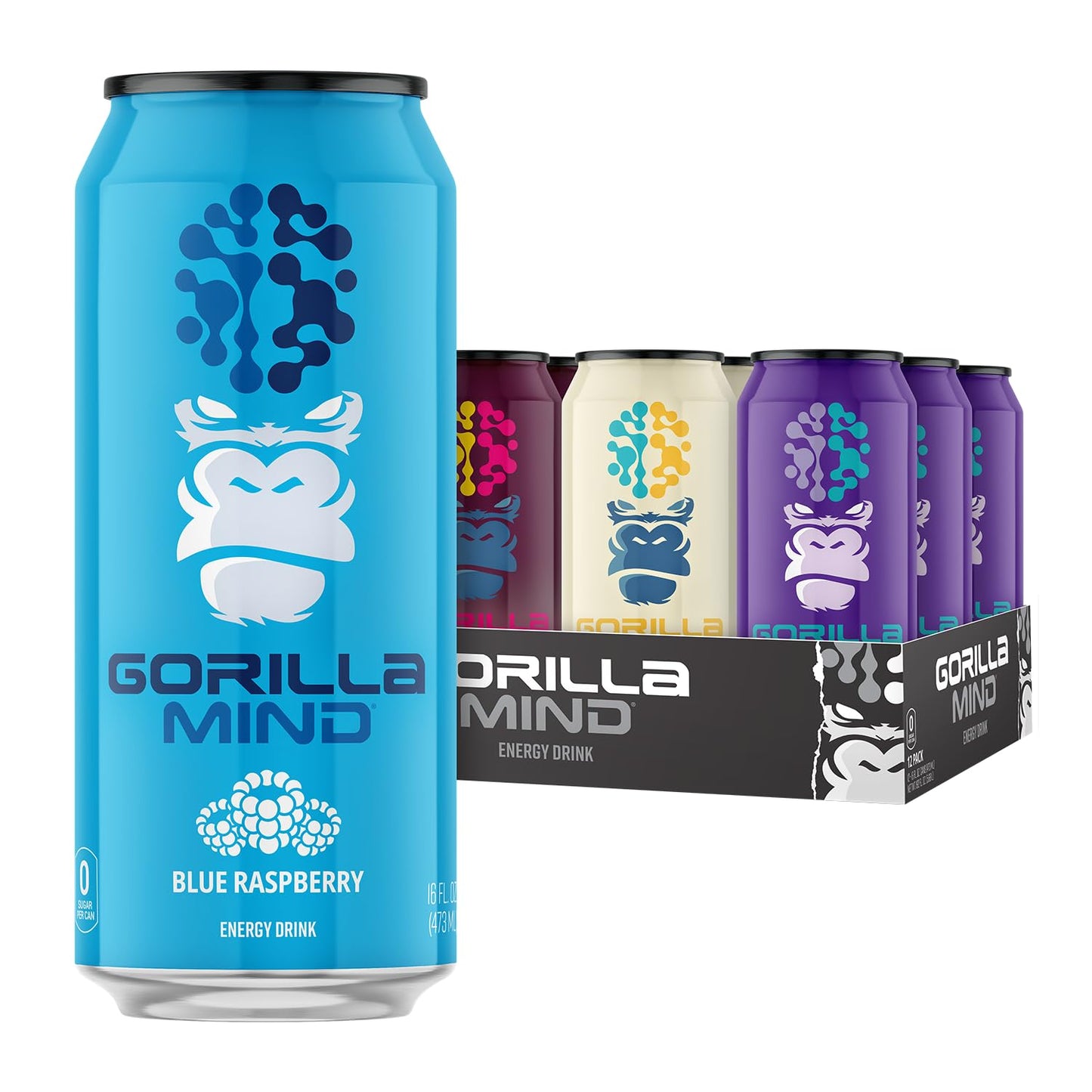 Gorilla Mind Energy Drink | Unmatched Energy  Amplified Focus | N-Acetyl-L-Tyrosine  Alpha-GPC  200mg Caffeine  Uridine  Saffron | 0 Sugar Or Artificial Colors | 16oz | 12-Pack (Variety Pack #1)