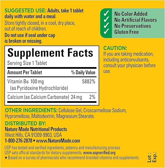 Nature Made Vitamin B-6 100 mg Tablets 100 ea (Pack of 4)