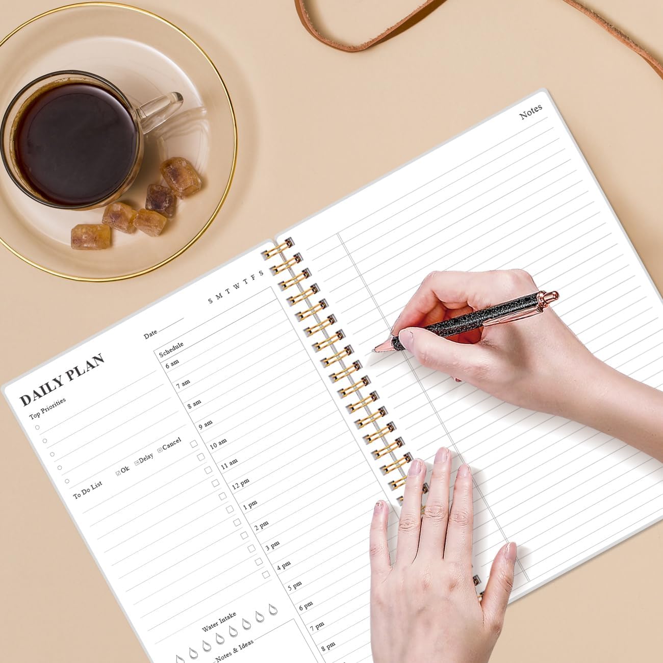 Daily Planner Undated - B5 To Do List Notebook Hourly Schedules, Spiral Appointment Planner for Women and Men, PVC Hardcover, Inner Pocket, Elastic Closure, 7" x 10", Rose Flower