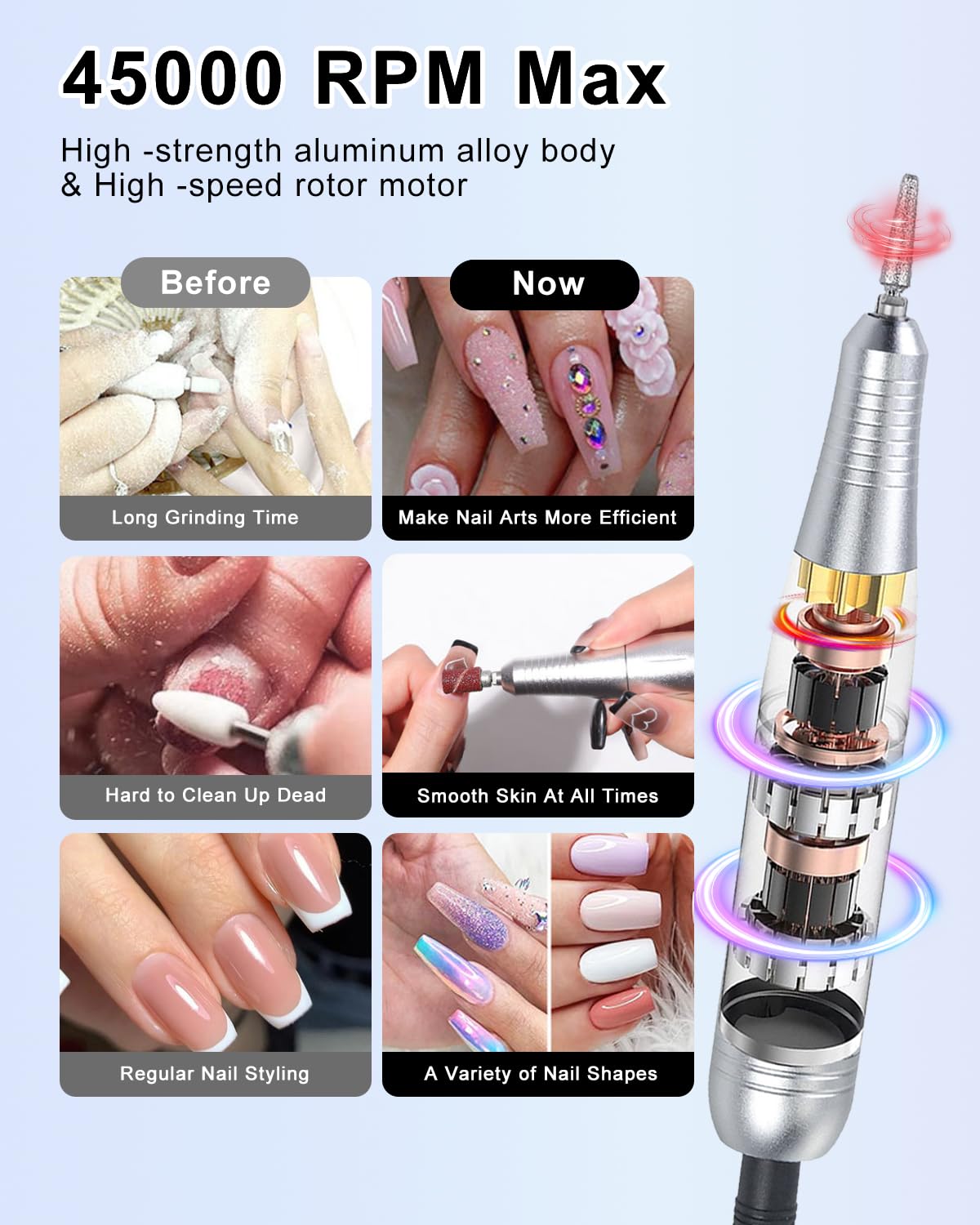 CozyZen Cordless Electric Nail Drill, 45000 RPM Rechargeable Diamond E-File, Portable & Low Noise for Acrylic/Gel Nails, Manicur