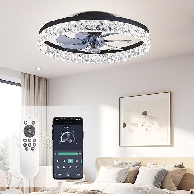 STERREN 19.7'' Crystal Ceiling Fan with Light, Modern Low Profile Ceiling Fans with Remote Control, Dimmable Flush Mount LED Fandelier for Living Room, Bedroom, Home Office, Kitchen, Black