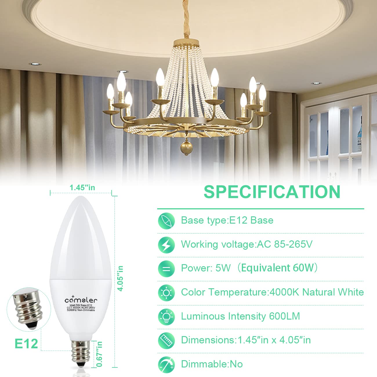 Comzler E12 Led Bulb 60W Equivalent, 4000K Natural Daylight, B11 Candelabra Base, Pack Of 6, 500 Lumens, Non-Dimm