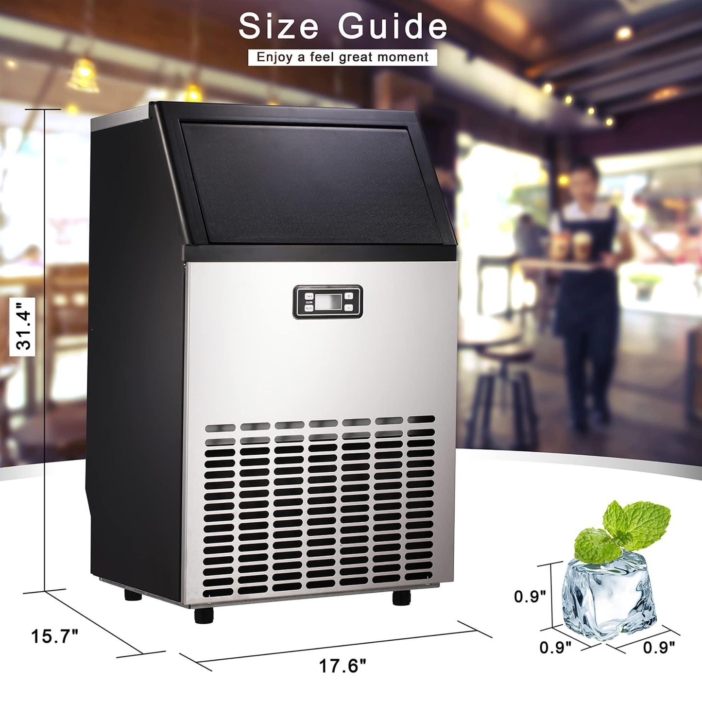 Commercial Ice Maker Machine, 100lbs/24H Stainless Steel Ice Machine with 33lbs Storage Capacity, Auto Self-Cleaning Freestanding Ice Maker, Ice Machine Freestanding for Bar/Cafe/Restaurant