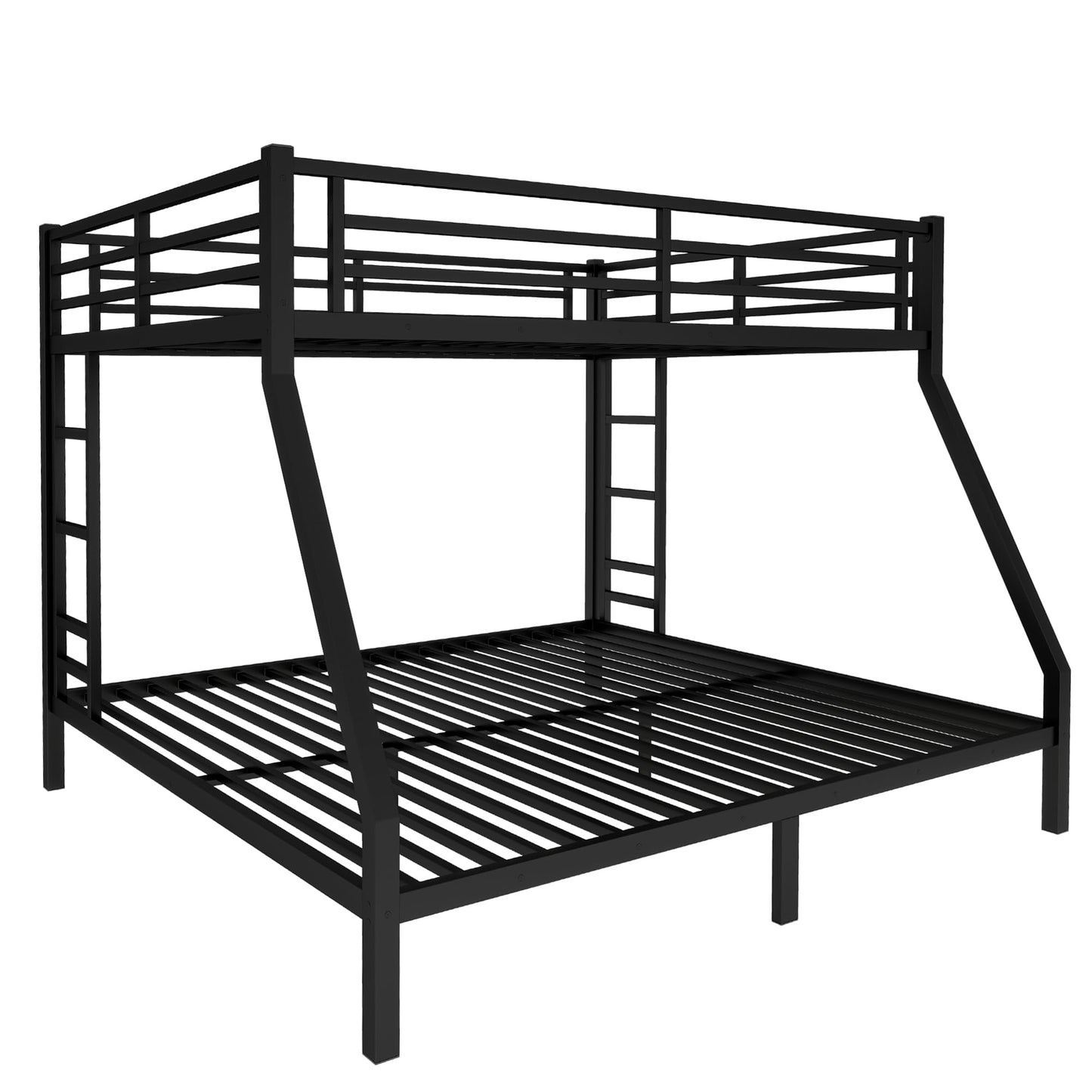Bellemave Queen Over King Bunk Bed with 2 Side Ladders for Teens,Adults, Metal Bunk Bed Frame with Full-Length Guardrail for Dorm,Bedroom, Noise-Free Steel Slats, No Box Spring Required, Black