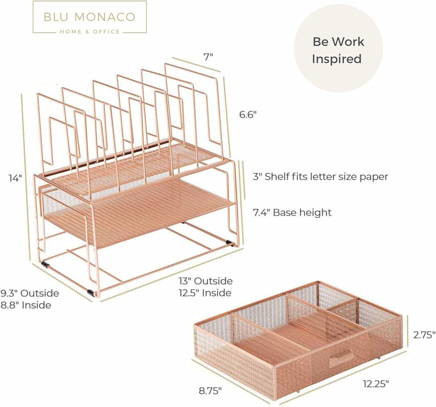 BLU MONACO Rose Gold Desk Organizer with File Sorters & Drawer – Workspace Storage Rack for Office Supplies, Paper & Folders