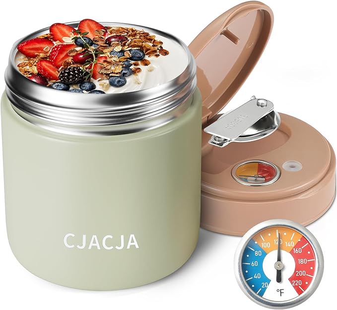 Insulated Food Jar with Temperature Display - 15.2 Oz, Thermo for Hot Food, Soup Thermo, Termos Para Comida Caliente, Width Mouth Stainless Steel Lunch Box with Folding Spoon, Green