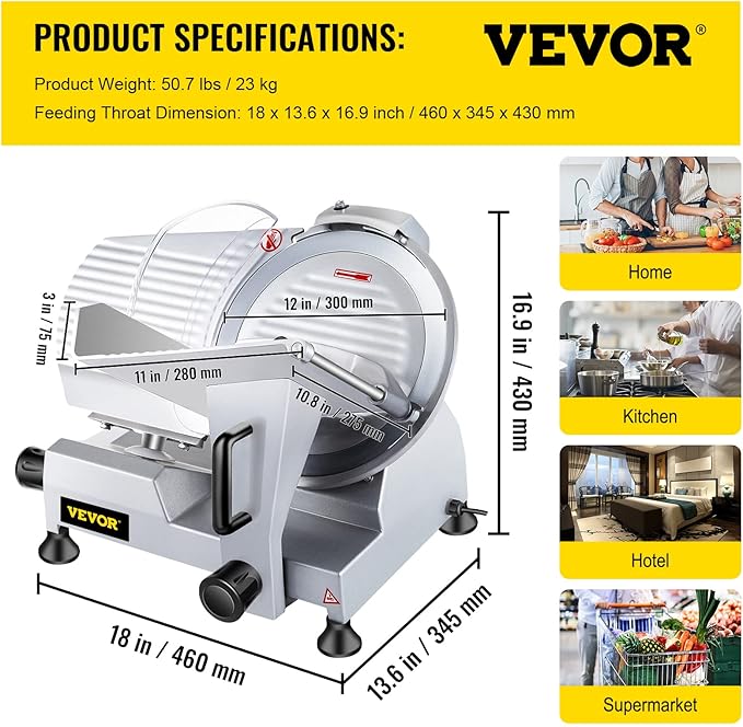 VBENLEM Commercial Meat Slicer,12 inch Electric Meat Slicer Semi-Auto 320W Premium Chromium-plated Steel Blade Adjustable Thickness, Deli Meat Cheese Food Slicer Commercial and for Home use,Sliver