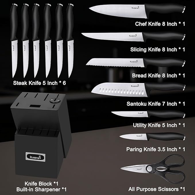 Kuisine Upgraded Chef Knife Set,High Carbon Stainless Steel Ultra Sharp Blade Ergonomic Handle,Kitchen Knife Block Set with Built-in Sharpener,Elegant Gift for Holiday(Silver Black,15PCS)
